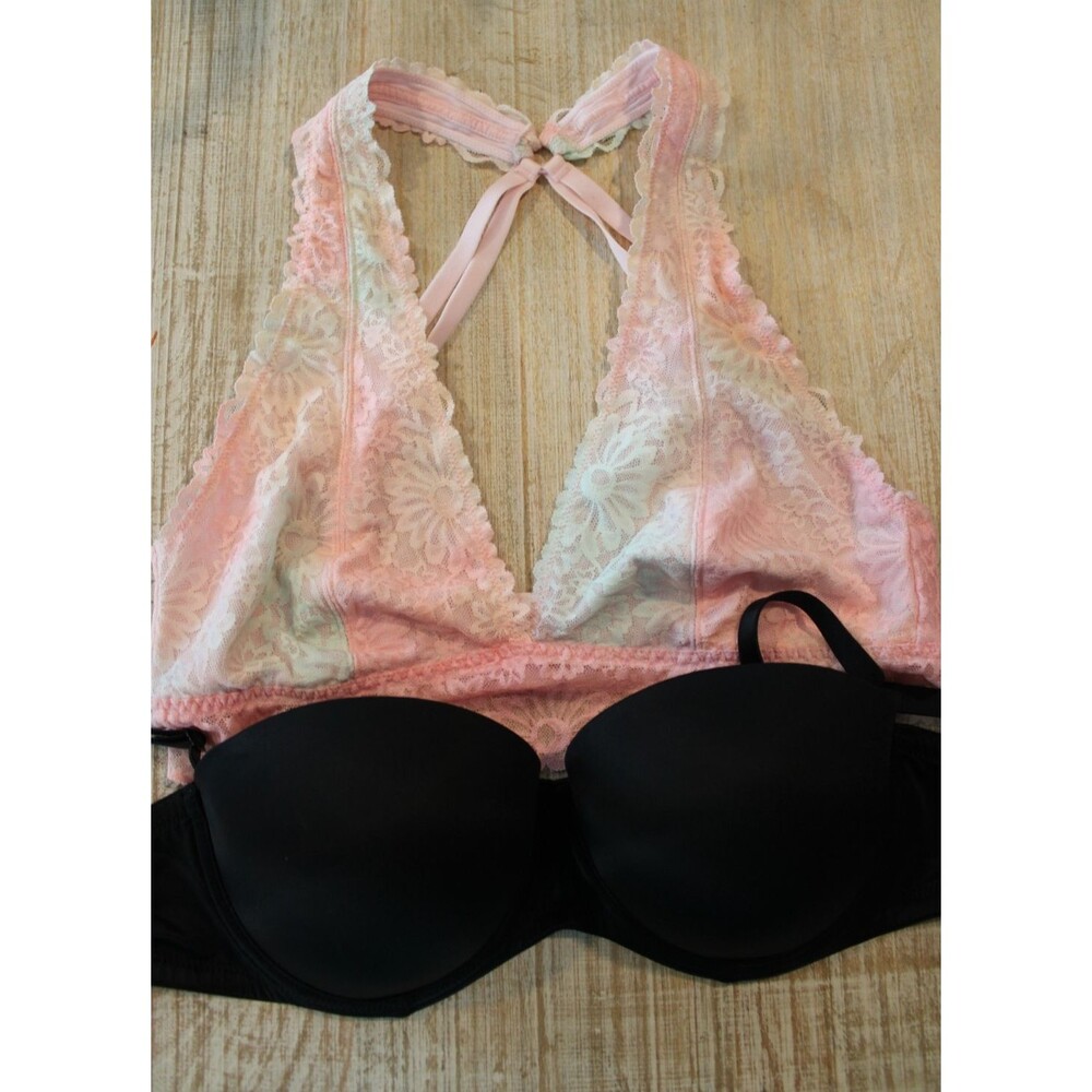 Lot of 2 Victoria's Secret Bras Black 36C PINK Wear Everywhere & Large Bralette